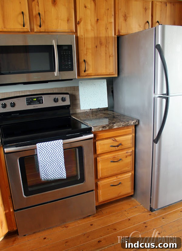 Fresh Coat, Fresh Life: Appliance Update 3 New stainless steel stove and microwave alongside the painted refrigerator, bright kitchen