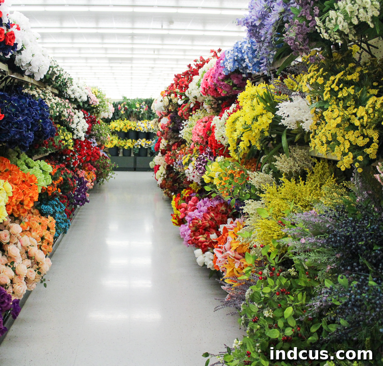 A vibrant and extensive floral aisle at Hobby Lobby, filled with various faux flowers and greenery