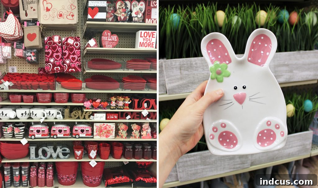 A charming display of seasonal decor from Hobby Lobby, including Valentine's Day and Easter items