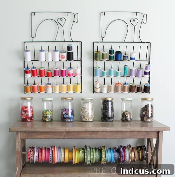 Charming thread racks with spools of colorful thread and button jars