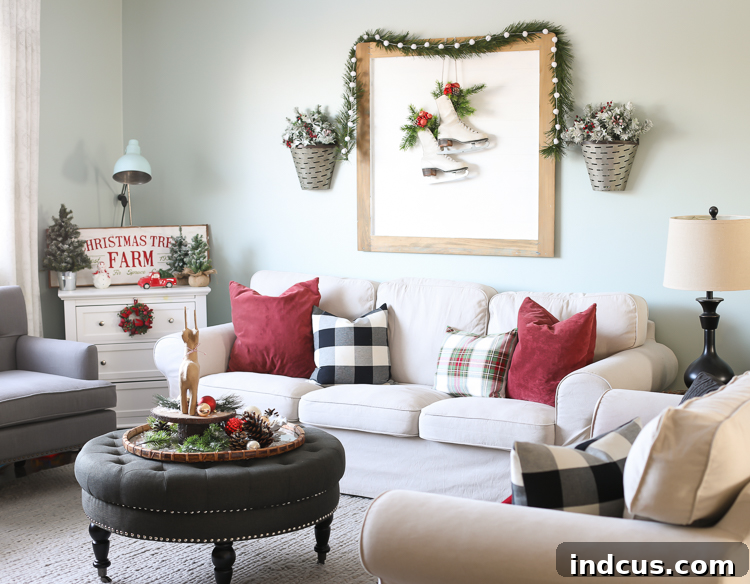 Farmhouse living room decorated for Christmas with galvanized baskets