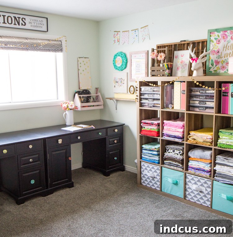Craft room desk updated with a charming mix of mismatched decorative knobs