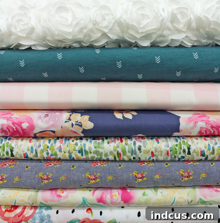 A vibrant selection of on-trend fabrics from Hobby Lobby, including florals and ginghams