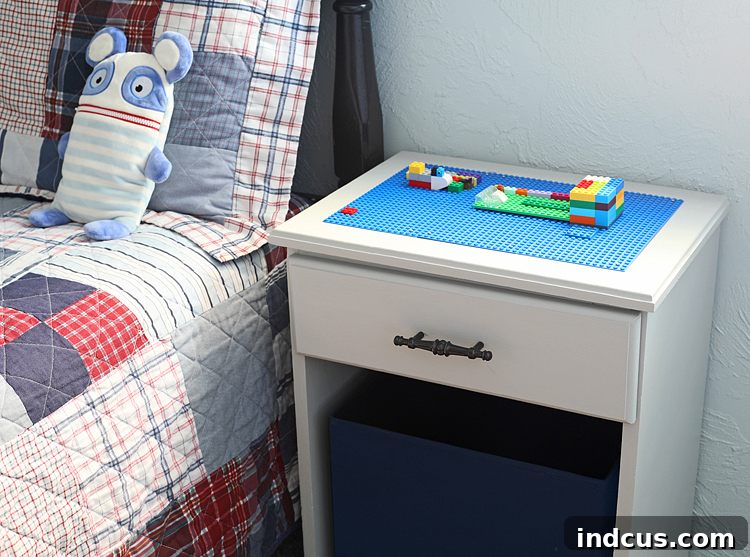 Finished DIY Lego table nightstands, showcasing the impressive transformation of old furniture.