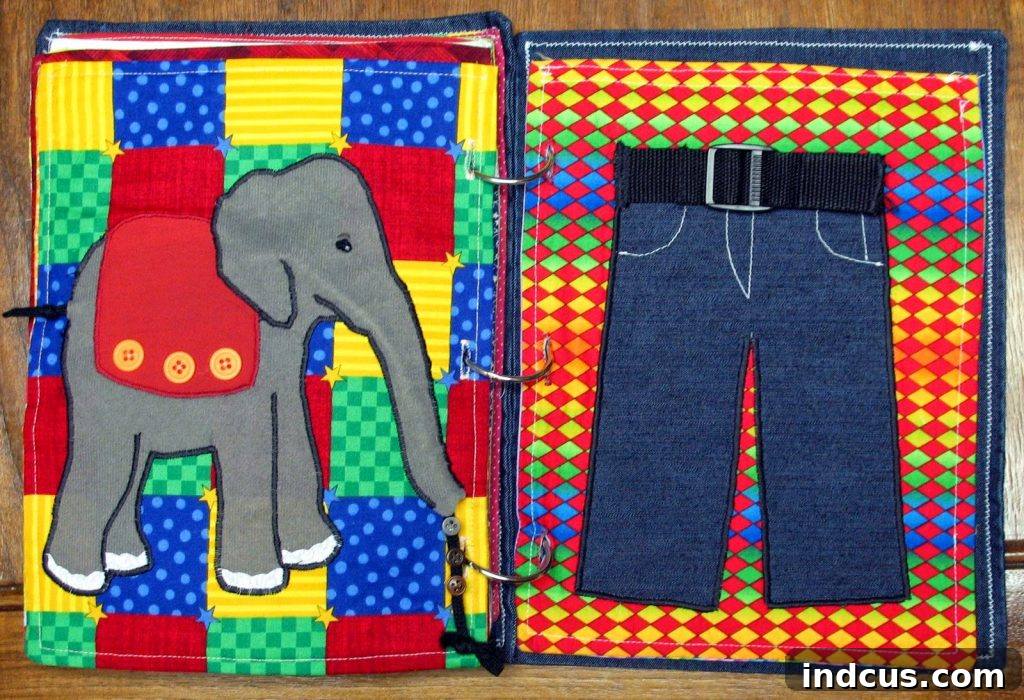 Handcrafted Sensory Play Book 2 quiet book elephant and pant buckling page
