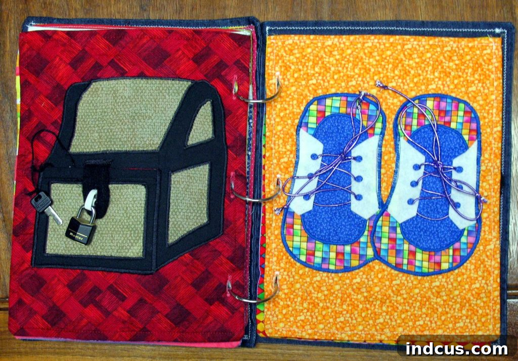 Handcrafted Sensory Play Book 3 quiet book treasure chest page and tying shoes page