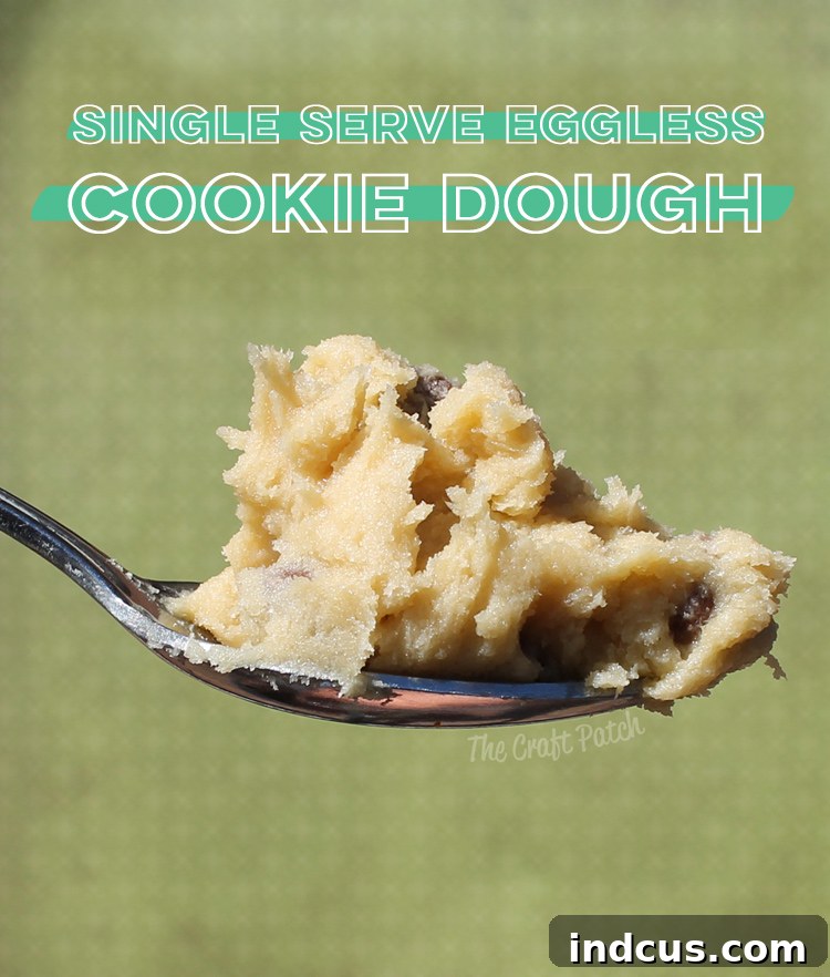 Delicious single-serve edible cookie dough in a small bowl, garnished with extra chocolate chips.