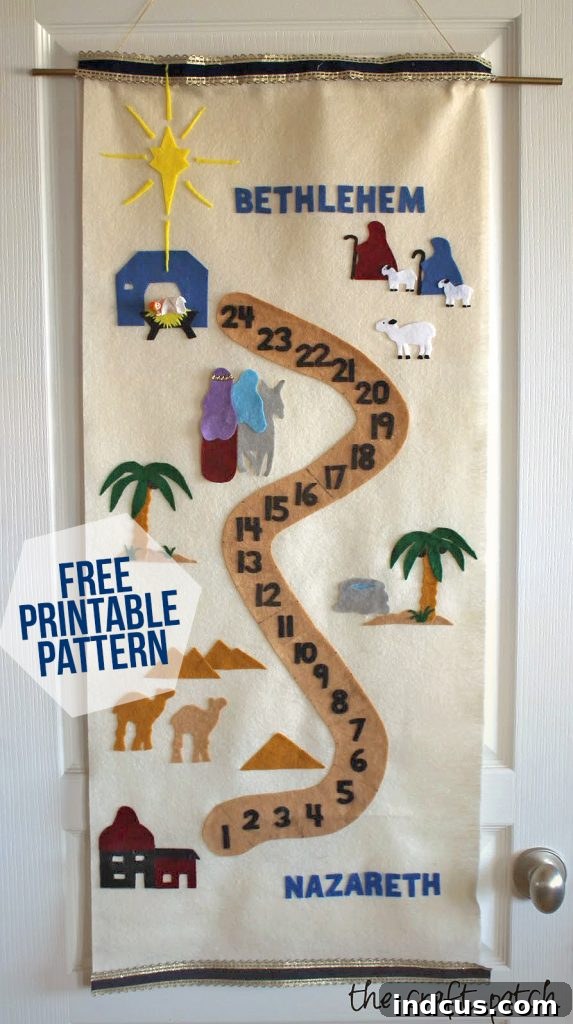 Pin-friendly image for felt advent calendar showing Mary and Joseph journey to Bethlehem with stars and stable