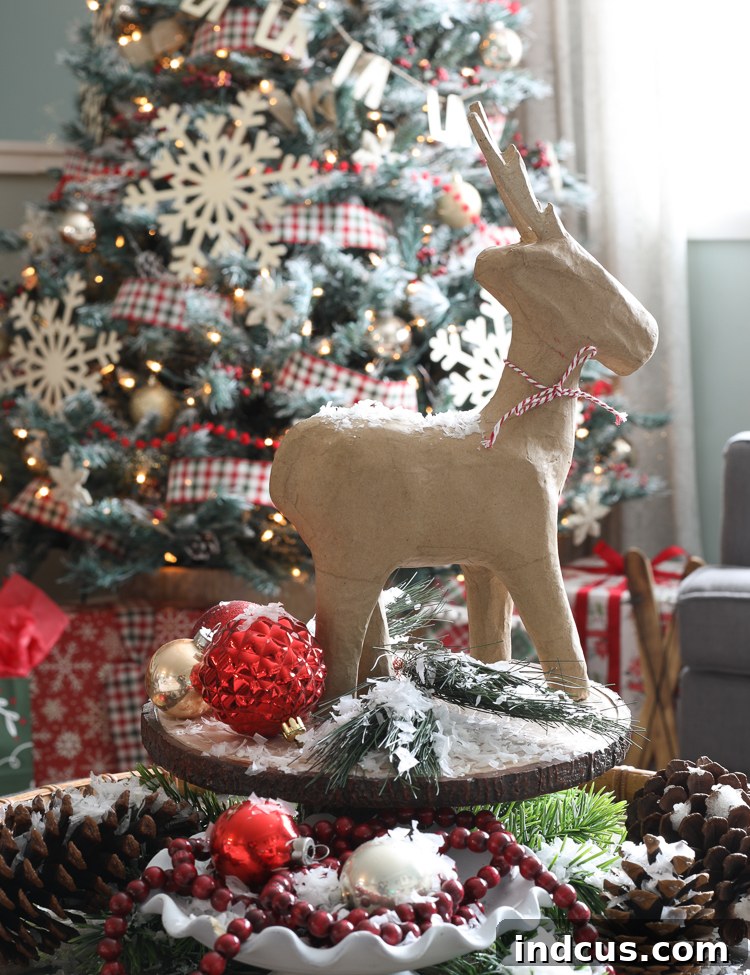A charming paper mache reindeer Christmas decoration, adding a rustic touch to holiday decor.