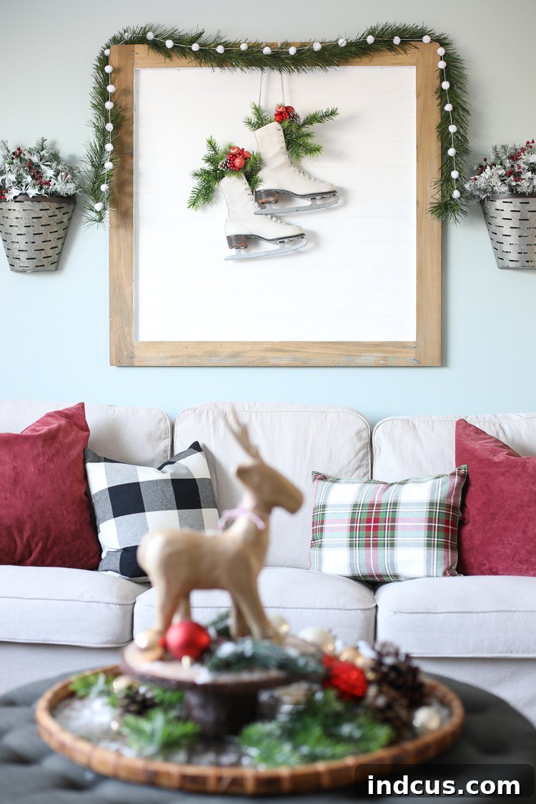 Vintage ice skates used as charming Christmas decorations, adding a nostalgic touch to a farmhouse holiday display.