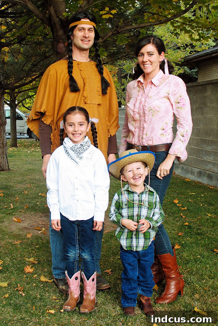 Cowboys and Indians family Halloween costume featuring Western and Native American inspired outfits.