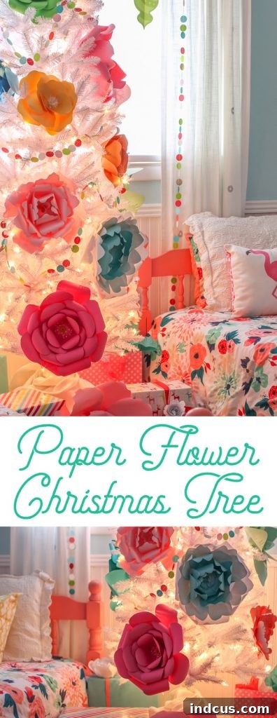 Blooming Paper Christmas Tree 2 Create a whimsical and colorful Christmas tree decorated with a rainbow of giant paper flowers. This modern Christmas decor provides colorful Christmas decorating ideas, perfect for a unique holiday display. #christmas #christmastree #DIYChristmas #PaperFlowers