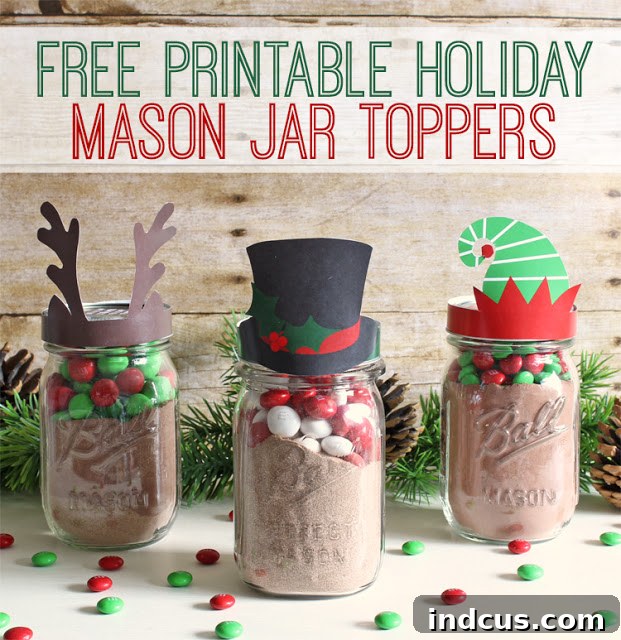 Pin this idea: Free printable mason jar toppers for Christmas. An easy and cute neighbor gift idea for the holidays.