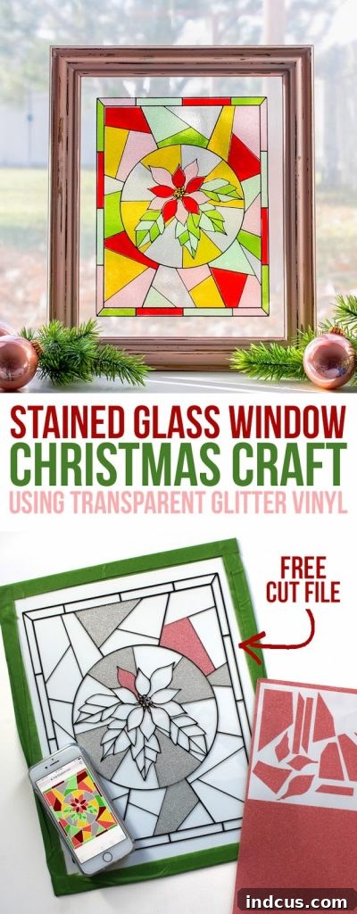 Create a beautiful faux stained glass Christmas window using transparent glitter craft vinyl. Christmas craft ideas from thecraftpatchblog.com #christmascrafts #DIYdecor #glittervinyl #fauxstainedglass