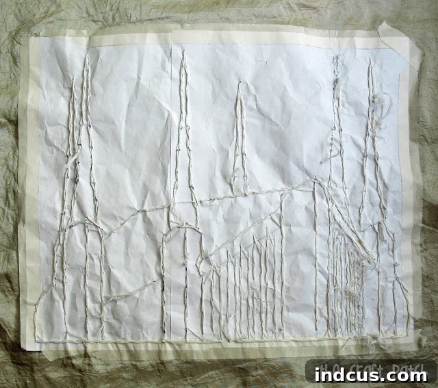 Close-up view of hand embroidery in progress, showing needle and thread working through fabric and a paper pattern