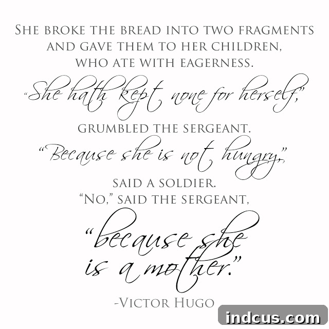Victor Hugo quote about a mother's comforting arms and selfless love for her children