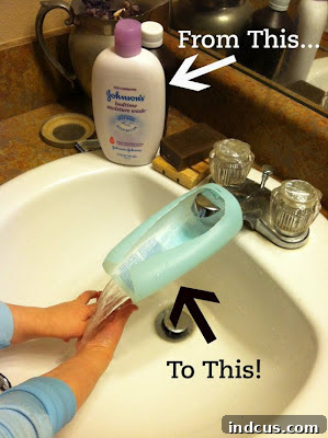 A DIY Faucet Extender for toddlers made from a plastic bottle, as seen on Pinterest