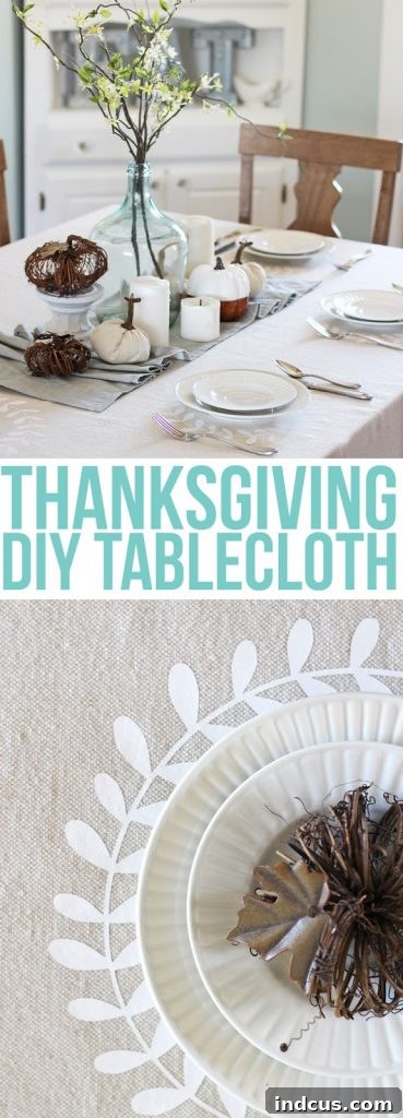Create your own personalized Thanksgiving tablecloth using iron-on craft vinyl and a canvas drop cloth, perfect for charming farmhouse-style holiday decor.