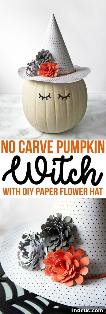 This no-carve pumpkin decorating idea features an adorable witch with a floral and polka dot hat made of paper. Easy and cute Halloween pumpkin decorating ideas.