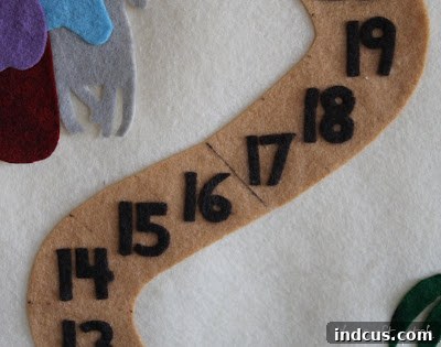 Advent calendar details showing felt pockets for numbers