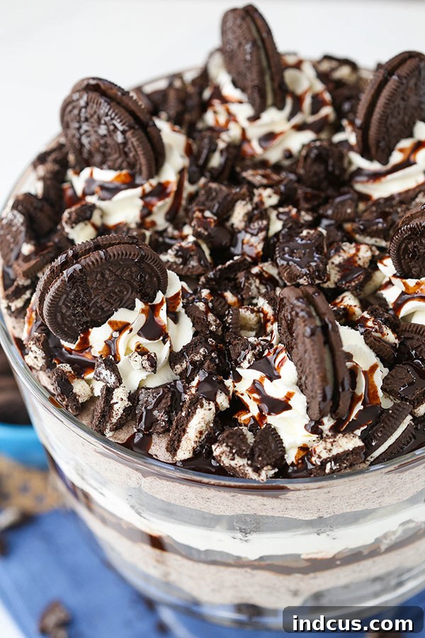 Showstopping Oreo Cheesecake Trifle with brownies and cheesecake filling