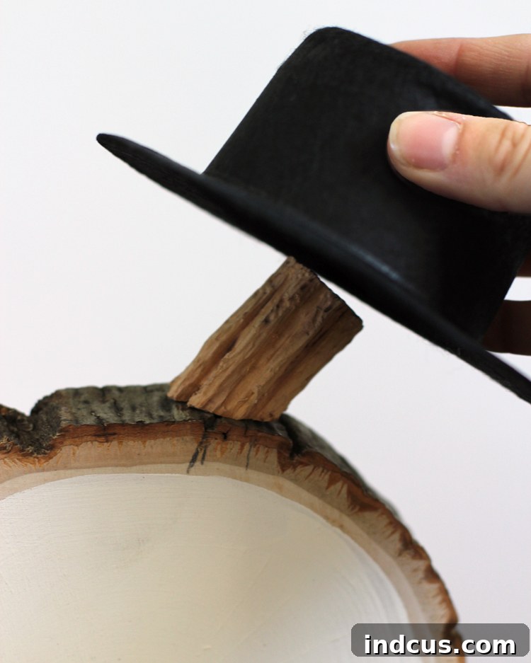 Attaching a Pumpkin Stem to the Top Wood Slice