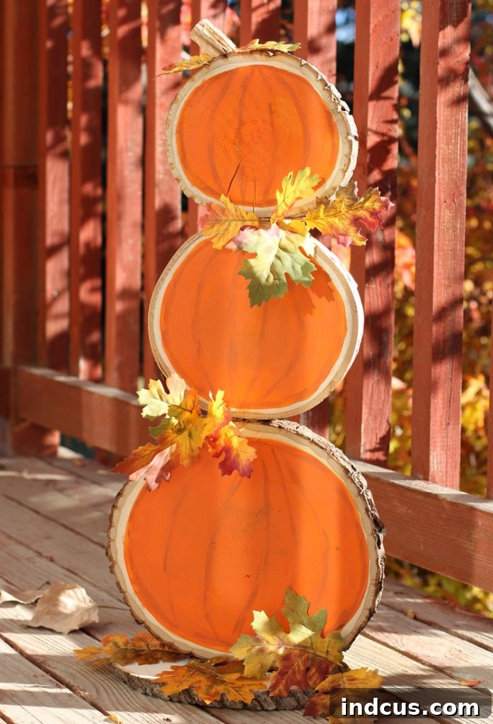 Finished Wood Slice Pumpkins for DIY Fall Porch Decor