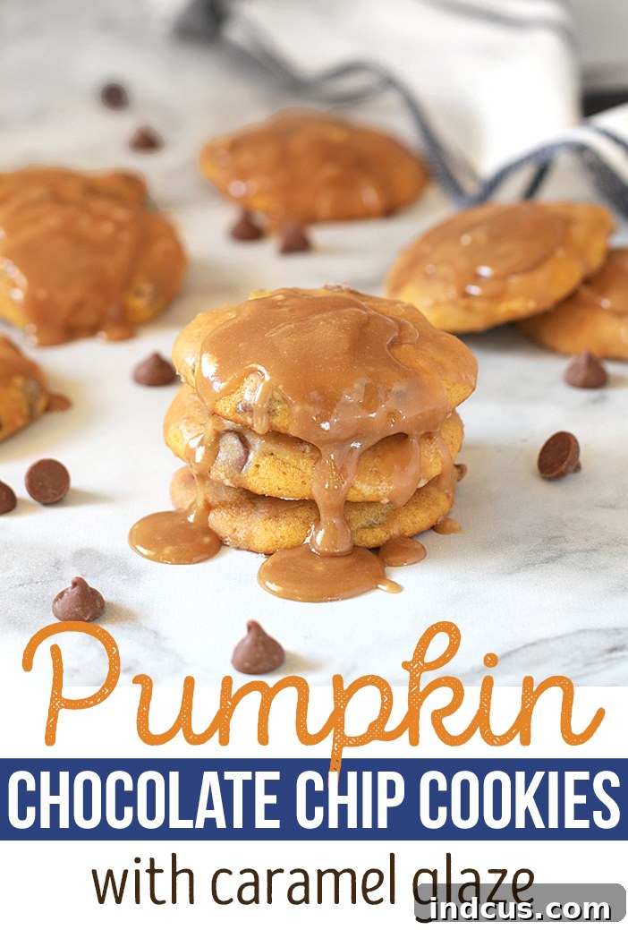 Stacked pumpkin chocolate chip cookies with caramel glaze, perfect for a Pinterest save.