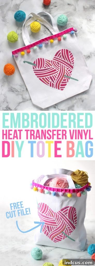 Looking for a fun craft idea? Make this custom tote bag with heat transfer vinyl and embroidery floss. Silhouette Cameo project ideas.