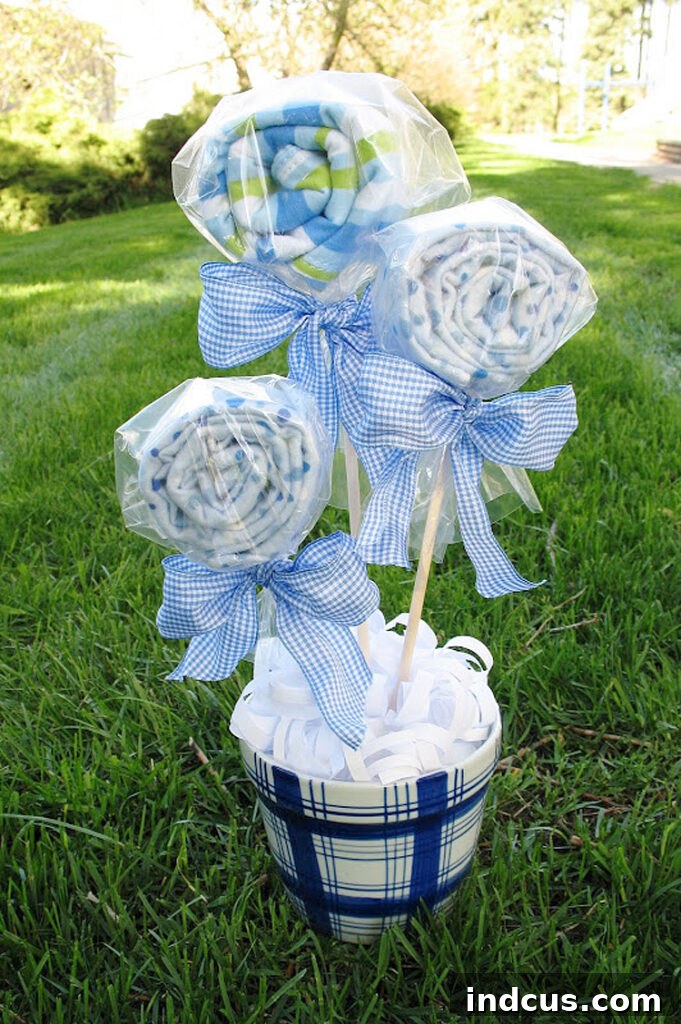 Close-up of a handmade burp cloth bouquet, showcasing craftsmanship