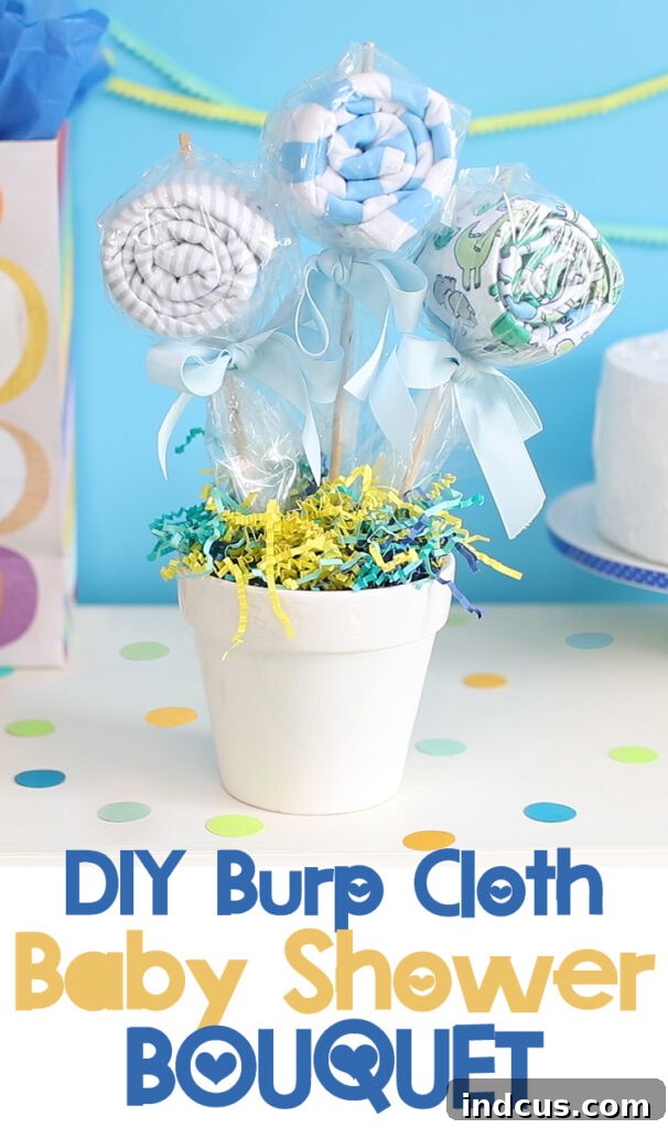DIY burp cloth baby shower bouquet as a beautiful gift and party decor