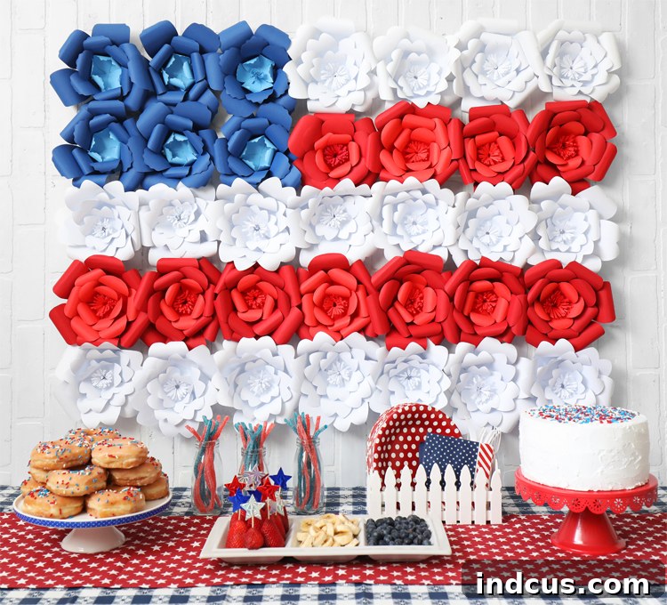 Stunning giant paper flower American flag, perfect for Fourth of July decorations and patriotic displays.