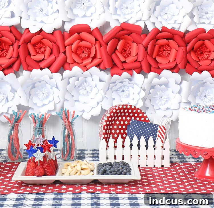 Festive Fourth of July party table featuring a paper flower backdrop and patriotic decor.