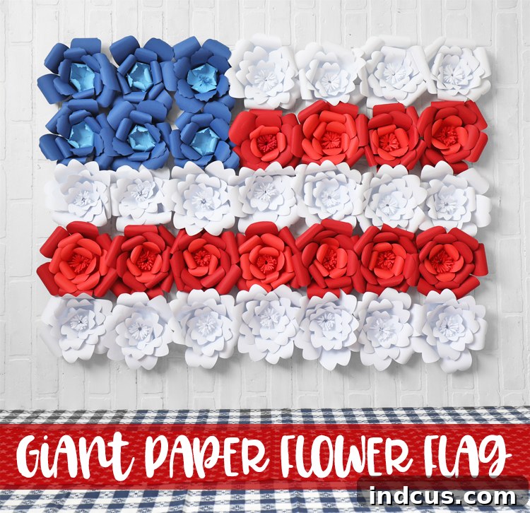 Close-up of the completed Fourth of July paper flower flag showing intricate details.
