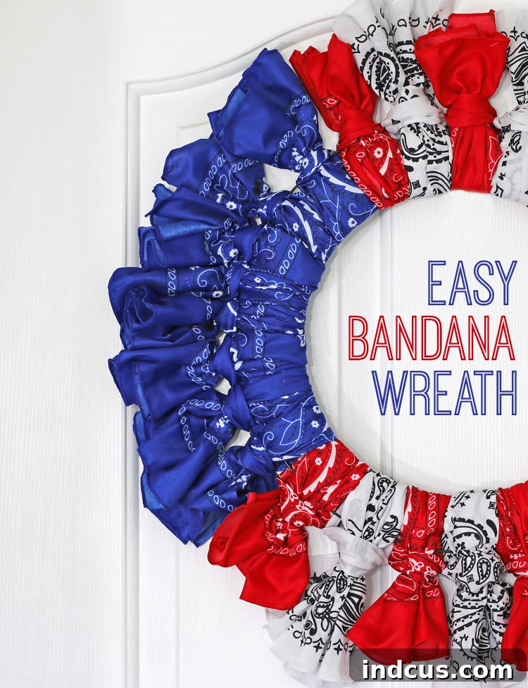 Easy and fun DIY bandana wreath, perfect for summer decor or patriotic celebrations like the Fourth of July.