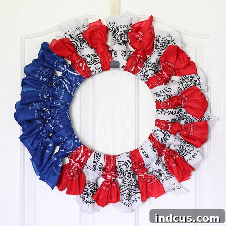 A beautiful, completed bandana wreath ready for display, showcasing the full and fluffy appearance.