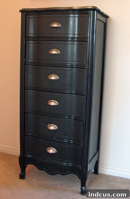 The stunning 'after' photo of the dresser, now sleek black with modern handles, transformed.