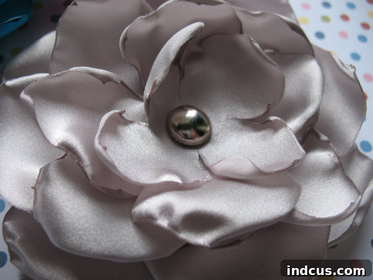 Stunning Satin Flowers DIY 6 Finished DIY satin flower with a decorative center embellishment