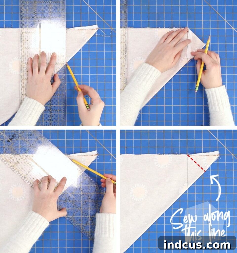 Diagram illustrating how to mark the 45-degree line for mitered corners on flannel.