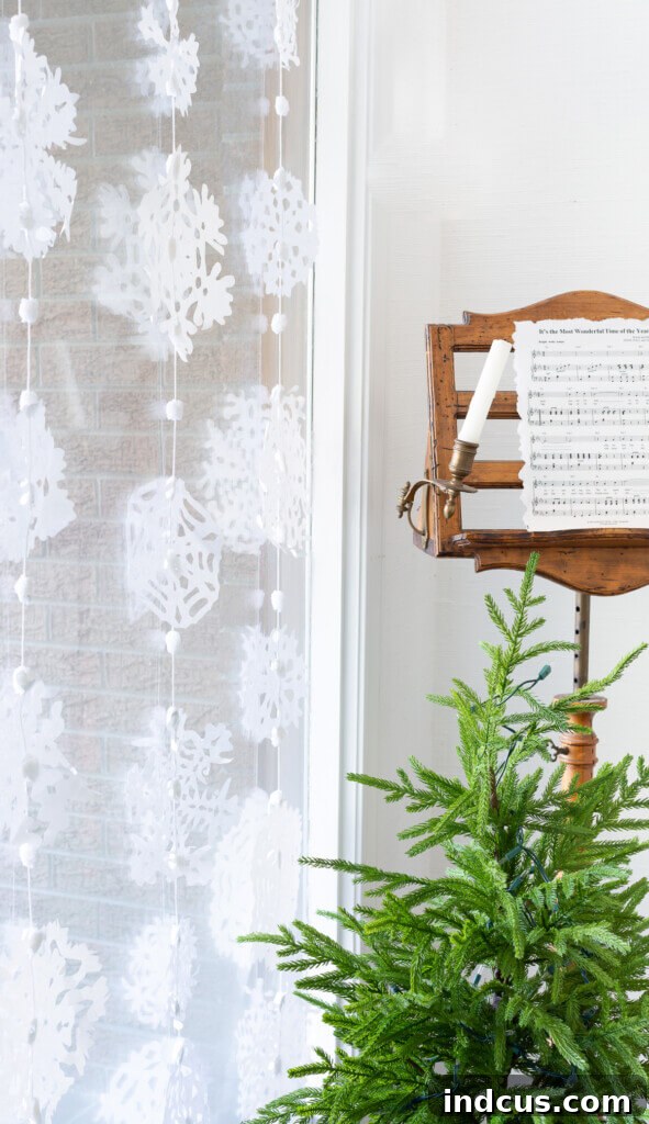 snowflake garland in window