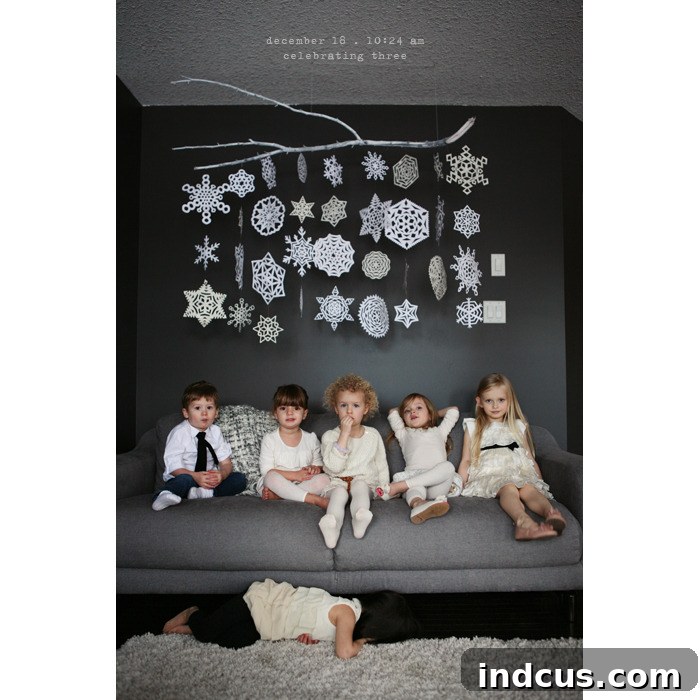 paper snowflakes hanging from a branch
