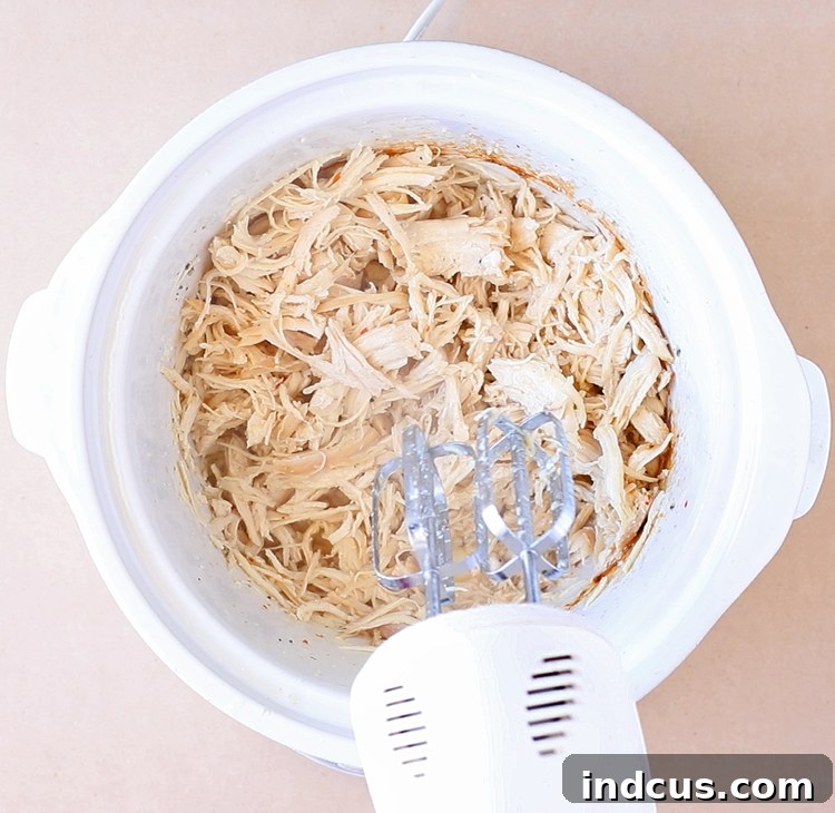 Proven Kitchen Solutions 5 Cooked chicken being effortlessly shredded using a hand mixer in a bowl
