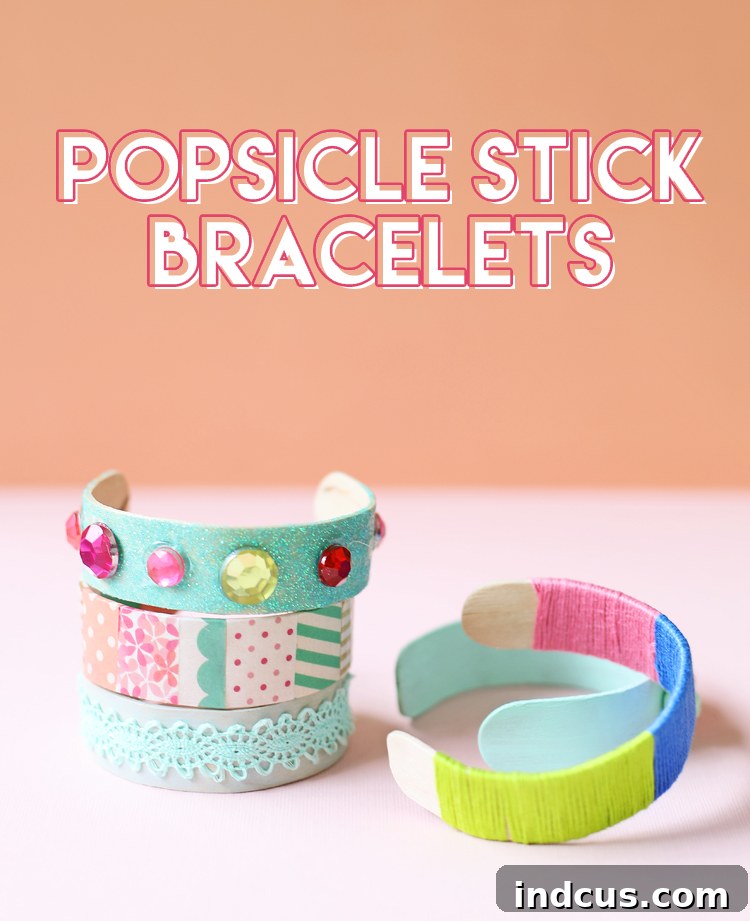 Pinterest pin graphic showcasing several finished popsicle stick bracelets and text inviting readers to pin the idea for later.