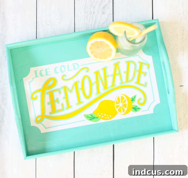 A close-up shot of the finished lemonade tray, featuring glasses of lemonade, lemon slices, and a pitcher, highlighting the intricate vinyl design and its vibrant colors.
