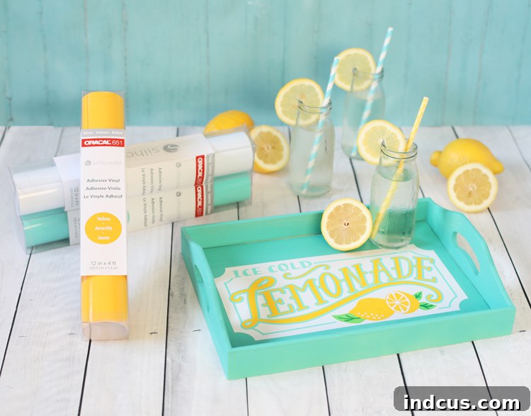 Another perspective of the lemonade tray, adorned with vinyl, displaying its elegance and functionality while holding refreshing beverages.