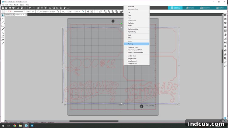A screenshot of Silhouette Studio software showing the 'Lemonade' design loaded and ungrouped, with individual elements highlighted, ready for color assignment and cutting.
