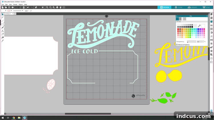 A close-up screenshot of Silhouette Studio showing the 'Lemonade' design with different elements colored to represent the intended vinyl colors, aiding in visualization and organization.