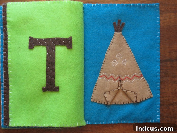 My Felt Name Book 3 Felt book page showing the uppercase letter T and a colorful teepee