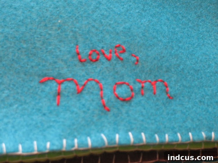 My Felt Name Book 4 Felt book back cover with a small, embroidered signature, symbolizing the handmade quality