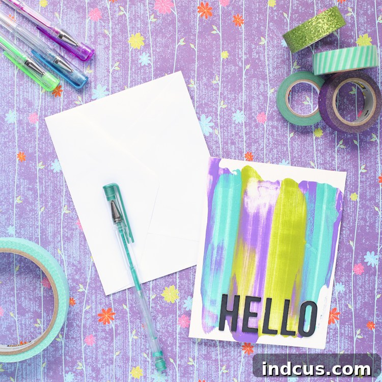 Textural Paintscapes 4 Handmade card with a cheerful, multi-colored paint scraped design, perfect for any occasion.